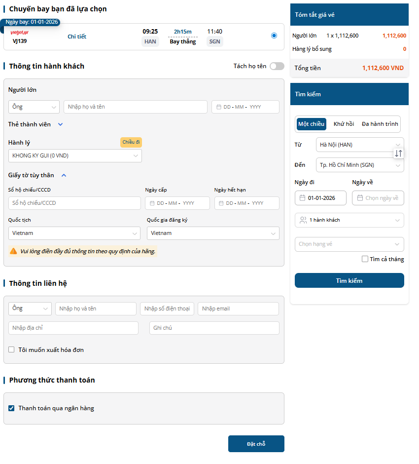 Nhập thông tin hành khách